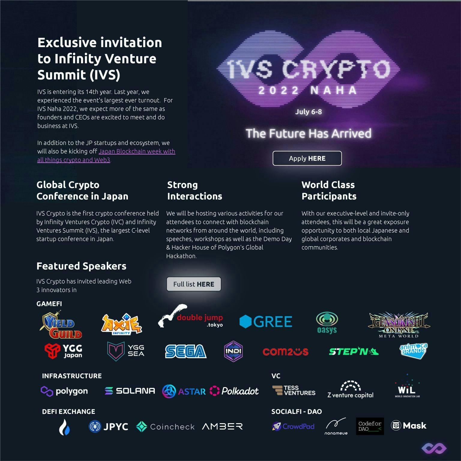 IVS Crypto 2022 Naha Join us for the 28th edition of Infinity Venture