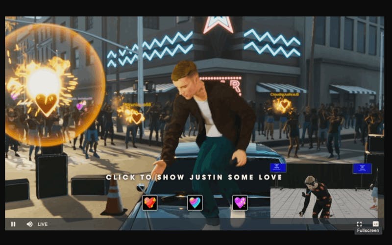 モーキャップスーツを着た人間のJustin BieberがアバターのJustin Bieberーを操作して、パフォーマンスを行う #BieberWAVE の様子