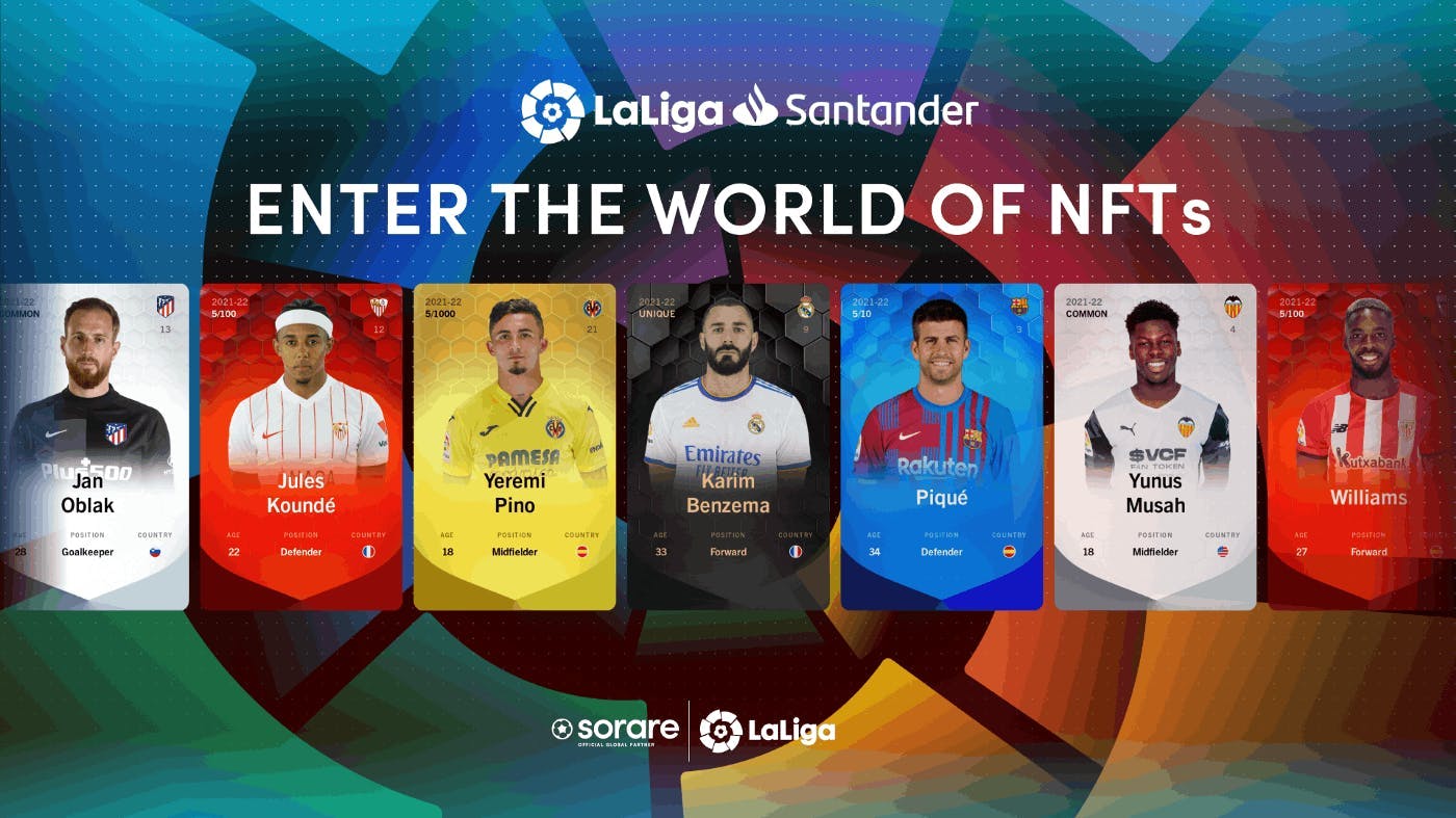 Sorare's partnership with football league LaLiga showing football player cards 