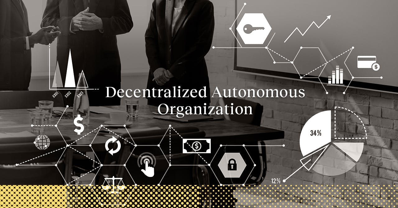 Decentralized Autonomous Organization with infographics and men in suits in the background 