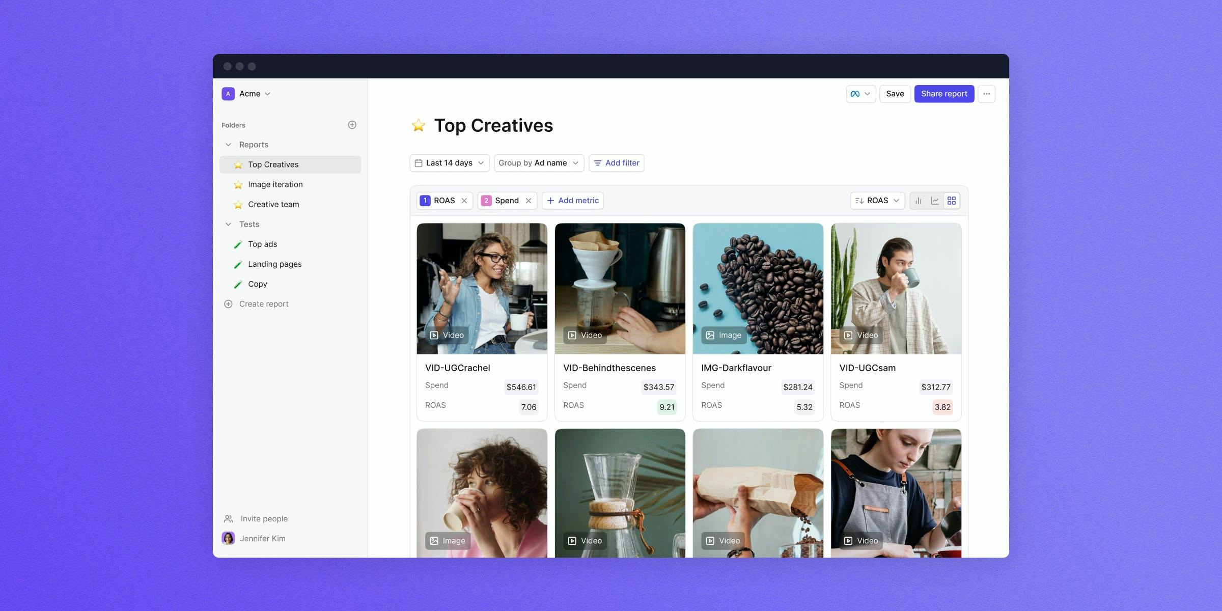 A screenshot of Motionapp.com, section showing the "top creatives" product part